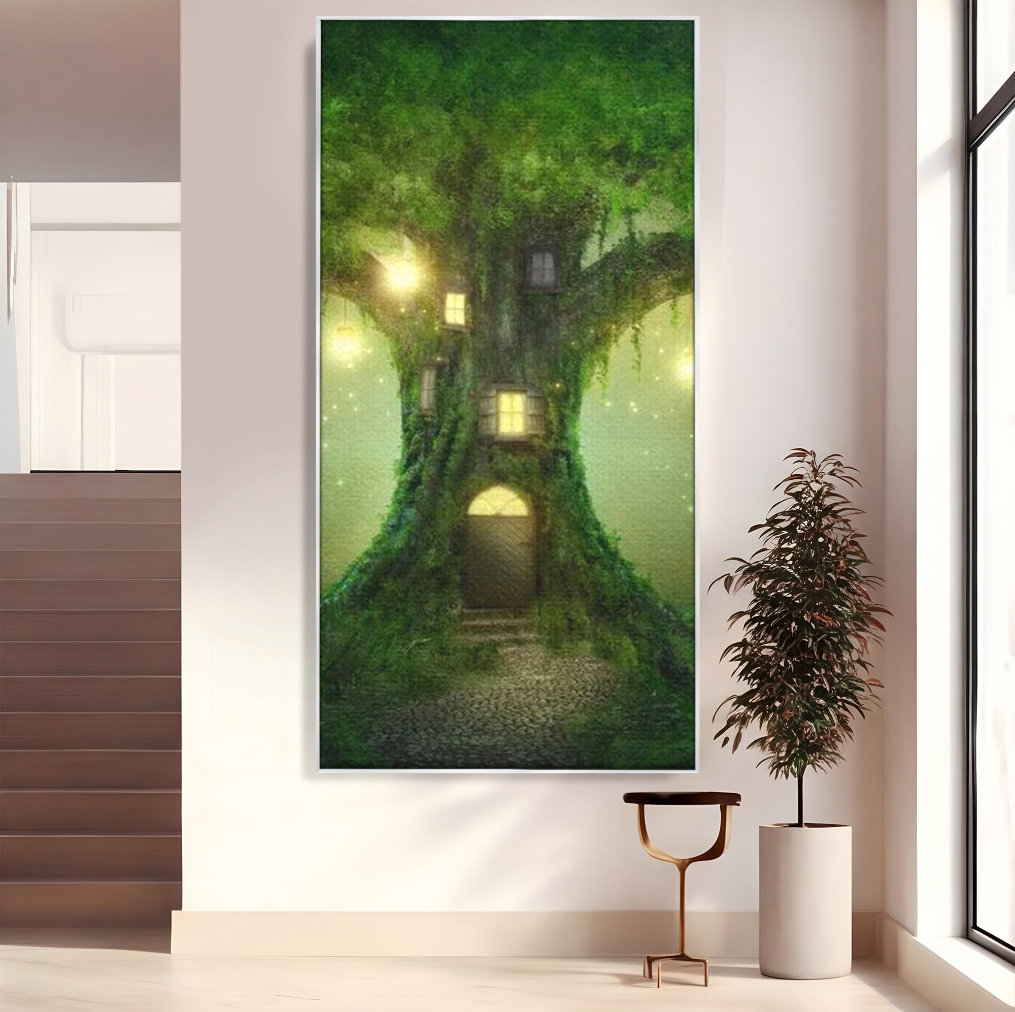 Tablou canvas cu ilustratie digitala cu un copac fermecat, in rama de aluminiu argintiu